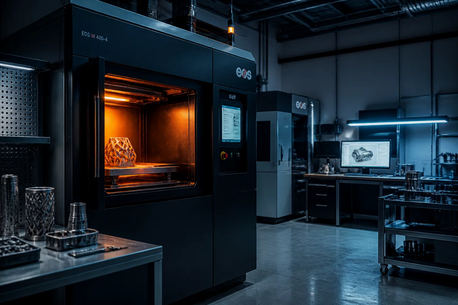 Industrial 3D printing facility with orange sintering glow